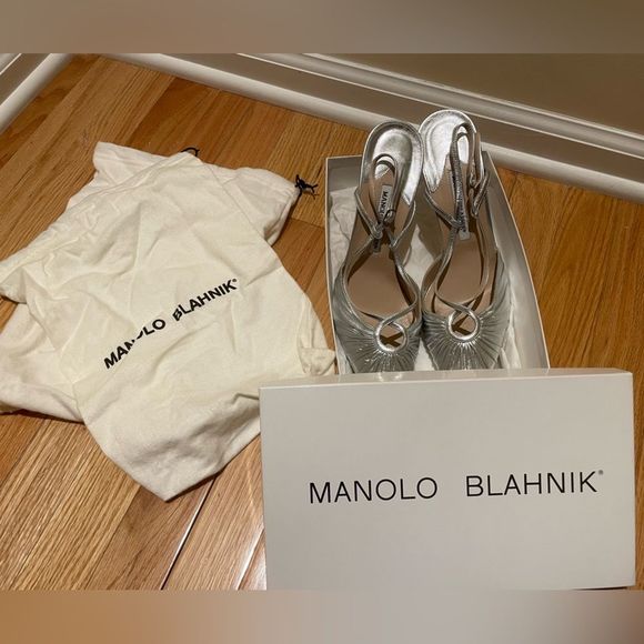 Manolo Blahnik Piggino Nappa Silver Heels
